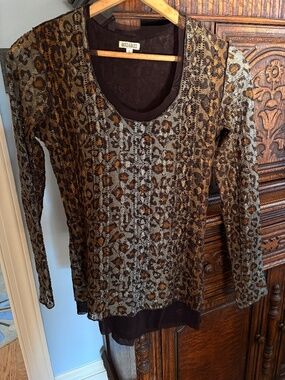Baxis&Baxis Longsleeve Animal Print Mesh Lace Scoopneck Crewneck Blouse Top Shir